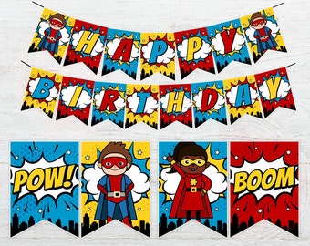 Banner de cumpleaños de superhéroe, Banner de cumpleaños de superhéroe imprimible, Banner de cómic, Decoraciones para fiesta de cumpleaños de superhéroes, DIGITAL