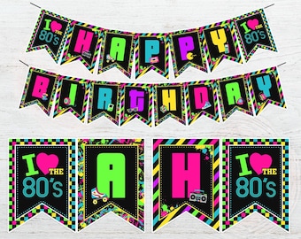 80s Birthday Banner, 80s Party Banner, 80s Party Decorations, 80s Retro Neon Banner, I Love the 80's, 1980, Neon, Printable, DIGITAL