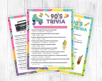 Giochi a quiz sugli anni '90 stampabili, gioco a quiz sugli anni '90, quiz sulla TV degli anni '90, quiz sulla musica degli anni '90, attività anni '90, giochi per feste anni '90, bambini, adulti, DIGITALE