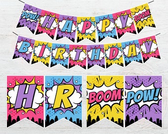Banner de cumpleaños de superhéroe para niña, banner de cumpleaños de superhéroe para niña imprimible, banner de cómic para niña, decoración de fiesta de cumpleaños rosa de superhéroes, DIGITAL