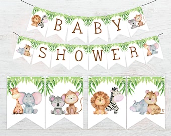 Safari-Babyparty-Banner, Safari-Dschungeltiere-Babyparty-Banner, Jungen- oder Mädchen-Baby-Wildparty mit Löwe, Zebra, Giraffe, Elefant