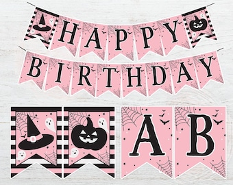 Pink Halloween Banner Birthday, Birthday Halloween Banner, Halloween Bunting Banner, Flags, Halloween Party decoration, Party supplies Print