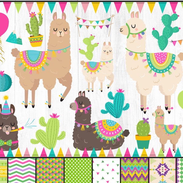 30 Llama Clipart, Llama Clipart Bundle, Llama Cactus Clipart, Llama Birthday Clipart, Fiesta, Colorful, Decorated Llama, Party Llama Art PNG