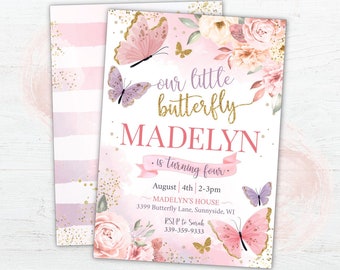 Butterfly Birthday Invitation Girl, First birthday Invite, Watercolor Floral Butterfly Party, Purple, pink, lilac, whimsical invite, DIGITAL