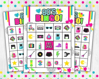 80s Themed Bingo,  80s Retro Bingo Printable, 80s Birthday Games, 80s Family Games, 80s Bingo Party, 80s Neon Retro Bingo Sheets, DIGITAL
