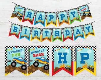 Monster Truck Birthday Banner, Monster Truck Party Decor, Happy Birthday Banner, Pennant Flags, Monster Trucks, Printable Banner, DIGITAL