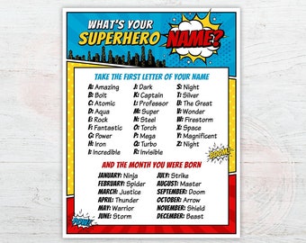 Superhero Party Sign What's Your Superhero Name Sign Superhero Birthday  Superhero Name Game Superhero Party 8x10 Printable DIGITAL 