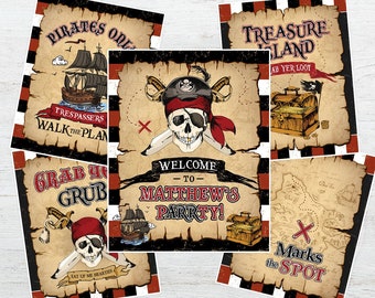 Pirate Party Signs, Pirate Birthday Decor, Pirate Decorations, Pirate Posters, Treasure Map, Skull, Pirate, Treasure Island, Boy, DIGITAL