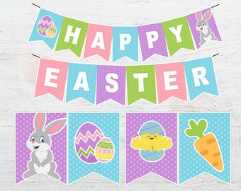 Happy Easter Banner, Easter Bunting Banner, Easter Party Decor, Easter Egg Banner, Spring Banner, Easter Party, Printable, Instant Download