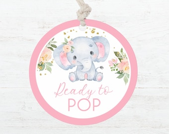 Elephant Ready To Pop Stickers, Pink Floral Elephant Popcorn Labels, Elephant Baby Shower Favors Tags, Cupcake Toppers, Printable DIGITAL