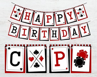 Casino-Party-Poker-Geburtstagsbanner, Casino-Banner, Deko für Pokerabende, Poker-Geburtstagsbanner, Casino-Geburtstag, Karten, Rot Schwarz, DIGITAL