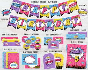 Girl Superhero Party Decorations, Girl Superhero Birthday Party Decor, Girl Superhero Birthday, Party Bundle, Signs, Banner, Labels DIGITAL