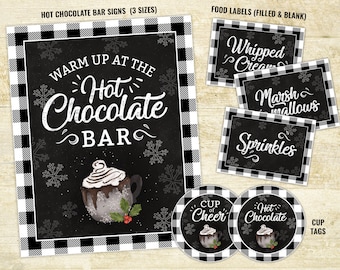 Hot Chocolate Bar Printable Kit, Hot Chocolate Party, Hot Chocolate Bar, Hot Cocoa Bar, Black White Plaid, Lumberjack, Sign, Labels, DIGITAL