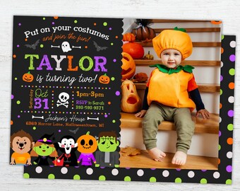 May include: A black and green Halloween party invitation with a photo of a child dressed as a pumpkin. The invitation says "Taylor is turning two!" and includes the date, time, and RSVP information.