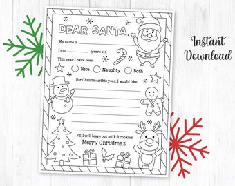 Letter to Santa Coloring Page, Printable Dear Santa Letter, Christmas Wish List, Christmas Coloring Page, Christmas Kids Activity, DIGITAL