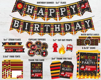 Firetruck Birthday Decorations, Firetruck Party Supplies, Printable, Firefighter Birthday Theme, Fireman Birthday Decor Boy Firemen DIGITAL