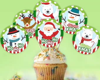 Toppers de cupcakes de Navidad, fiesta de Navidad, niños, toppers de cupcakes de Navidad imprimibles, toppers de fiesta de Navidad, muñecos de nieve, renos, DIGITAL