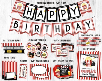 Movie Party Decorations Printable, Movie Night Birthday Party Decor, Movie Night Birthday, Movie Party, Popcorn, Party Package, DIGITAL