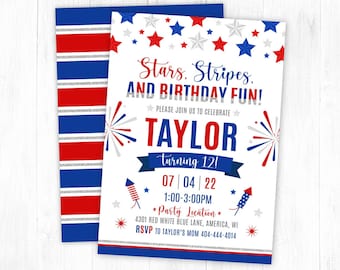 4th of July Birthday Invitation, Patriotic Birthday Invitation, Fourth of July Invite, Independence Day, BBQ, Fireworks, Red, Blue, DIGITAL