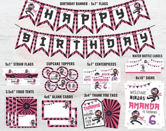 Ninja Girl Birthday Party Decoration Printables, Girl Warrior Birthday, Martial Arts Theme, Karate, Banner, Tags, Printable, DIGITAL