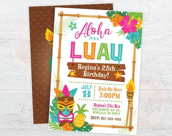 Luau Invitation, Luau Birthday Invite, Luau Tiki Party Invitation, Hawaiian Invitation, Luau Party, Tropical, Pineapple, Aloha, DIGITAL