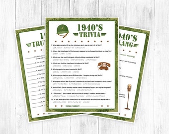 1940s Trivia Games Printable, 1940s Trivia Game, 1940s True or False, 1940s Slang, 40s Activities, 1940s Party Games, 40s Party, DIGITAL