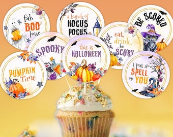 Halloween Cupcake Toppers, Halloween Watercolor Cupcake Toppers, Halloween Party Decorations, Cupcake Toppers Printable, Ghosts, DIGITAL