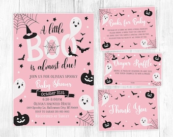 Paquete de invitaciones para baby shower de Halloween con "A Little Boo is Almost Beginning", invitación para baby shower de Halloween, baby shower de niña rosa fantasma DIGITAL
