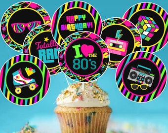 Jaren '80 Retro Cupcake Toppers, jaren '80 Verjaardagsfeestje, jaren '80 Neon Birthday Party Decor, Ik hou van de jaren '80, Cassette Tap, jaren 1980, Afdrukbaar DIGITAAL