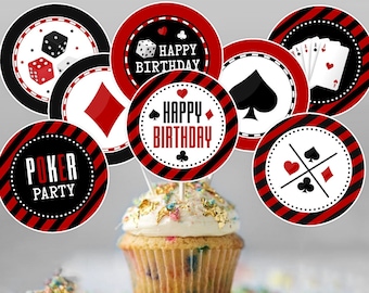 Casino Night Poker Cupcake Toppers, Casino Cupcake Toppers, Poker Cupcake Toppers, Casino theme party decor, Red Black, Printable DIGITAL
