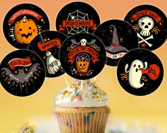 Halloween Cupcake Toppers, Halloween Grunge Cupcake Toppers, Halloween Party Decorations, Ghost, Pumpkin, Witch, Vintage Halloween, DIGITAL