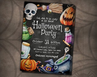 Halloween Invitation, Halloween Invite, Eat Drink Be Scary Invite, Halloween Party Flyer, Halloween Party Invite, Pumpkins, Skulls, DIGITAL