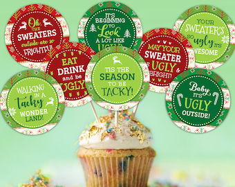 Ugly Sweater Cupcake Toppers, Ugly Sweater Party Supplies, Tags, Food Picks, Ugly Christmas Sweater Party, Ugly Sweater Decor, DIGITAL