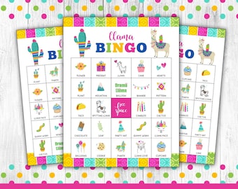 May include: Three llama-themed bingo cards with a colorful Mexican-inspired design. Each card has a free space and 24 squares with different llama-related images and words, such as "llama love", "cactus", "pinata", and "drama llama".