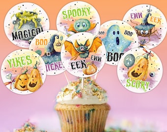 Halloween Cupcake Toppers, Halloween Watercolor Decor, Cute Halloween Party, Cupcake Toppers, Halloween Party Decor, Favor Tags, DIGITAL