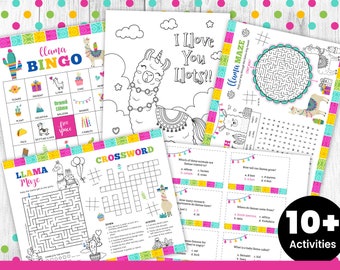May include: A printable set of llama-themed party games for kids. The games include a bingo card, a maze, a crossword puzzle, a word search, and a set of trivia questions. The games are all black and white and feature a llama theme.