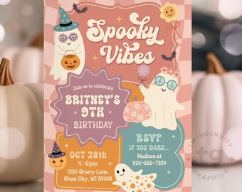 Groovy Halloween Birthday Invite Trick or Treat Retro Pink Orange Halloween Hippie Ghosts Birthday Party Invitation Girl Digital Invite