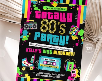 80s Birthday Invitation, 80s Party Invite, 80s Birthday Party, 80s Theme Invite, Neon, Retro 1980s Invitation, 80s Adult Invite, DIGITAL