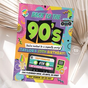 A digital 90s birthday invitation with "Back to the 90s" in a retro style design.