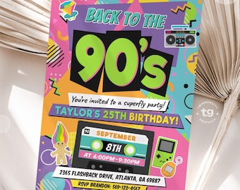 90s Birthday Invitation, 90s Party Invite, 90s Birthday Party, Back to the 90s Theme Invite, Retro 1990s Invitation, Memphis, DIGITAL