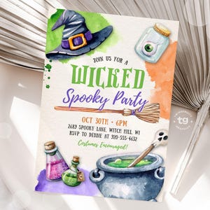 May include: A watercolor-style Halloween party invitation with a witch's hat, broom, and cauldron. The invitation reads "Wicked Spooky Party" with event details and "Costumes Encouraged!" in a whimsical font.