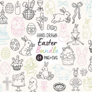 May include: A collection of hand-drawn Easter-themed illustrations in black and white, with pastel color accents. The bundle includes bunnies, eggs, baskets, and other holiday-related graphics. Text reads "HAND-DRAWN Easter Bundle 64 PNG+SVG".