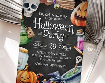 Halloween Invitation, Halloween Invite, Eat Drink Be Scary Invite, Halloween Party Flyer, Halloween Party Invite, Pumpkins, Skulls, DIGITAL