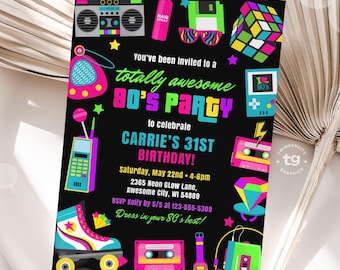 80s Birthday Invitation, 80s Party Invite, 80s Birthday Party, 80s Theme Invite, Neon, Retro 1980s Invitation, 80s Adult Invite, DIGITAL