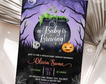 Uitnodiging babyshower Halloween, een baby is aan het brouwen uitnodiging voor babyshower, genderneutrale babyshower uitnodigen, ketel, heks, digitaal