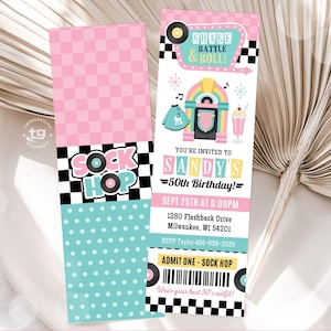 Zaproszenie na bilet 50s, zaproszenie na urodziny 50s Sock Hop, zaproszenie na przyjęcie urodzinowe 50s, zaproszenie na bilet na imprezę 50s, Retro Sock Hop DIGITAL