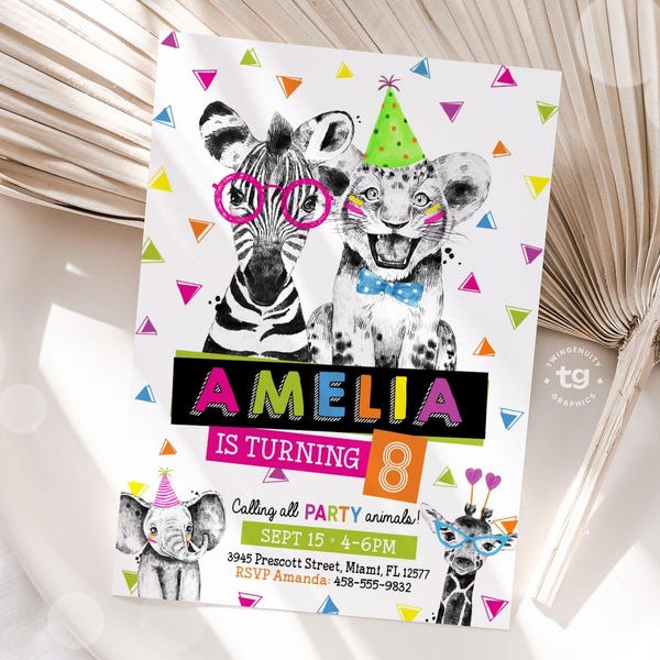 Thème néon d'invitation d'anniversaire animal de Zazzle.be Liste d'envies C'est l'été ! Invitation d'anniversaire d'animaux sauvages à une fête du zoo Imprimable en téléchargement numérique pour enfants neutres en matière de genre