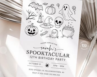Halloween Birthday Party Invitation w/ Vintage Hand Drawn Doodles, Black & White Invitation Printable (Digital File, 5x7" PDF, JPEG)