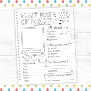 Back to School Coloring Page Activity, First Day of School Interview, All About Me Questionnaire Printable Worksheet, School Memory Box PDF