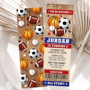 Sports Ticket Invite, Sports Invitation, Sports Birthday Party Invite, Sports invite, All Star Birthday Invite, Wood, Printable DIGITAL